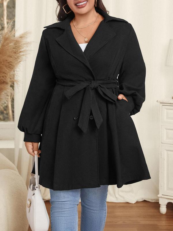 CURVZY Plus Size Solid Color Double Button Belted Pleated Pea Coat, Elegant Bishop Sleeve Long Sleeve Lapel Outerwear for Fall & Winter, Women's Clothes for Daily Wear