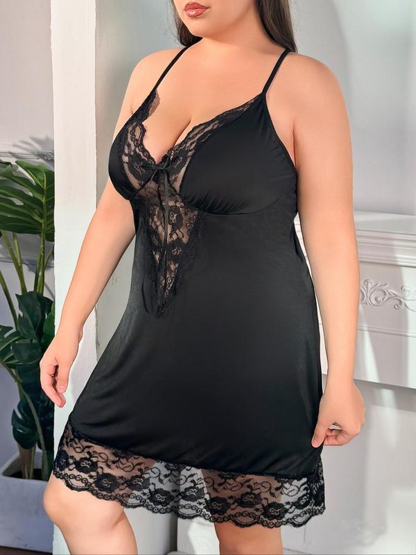 Plus Size Bow Front Contrast Lace Nightdress & Sheer Thong Set, Scallop Trim Sleeveless Nighty Dress & Panty, Women's Plus Sleepwear & Loungewear Set for All Seasons