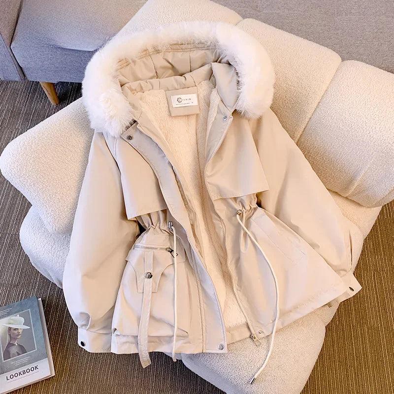 Women's Medium-length Waist-fitted SlimmingHooded Cotton-padded Jacket Warm FleeceLining Korean Style Autumn winter Coat