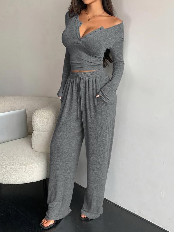 Women's Solid Button Front Long Sleeve Tee & Wide Leg Drawstring Waist Two-piece Set, Casual Fashion Cozy Two Piece Outfits for Daily Outdoor Wear, Women Clothes for All Seasons