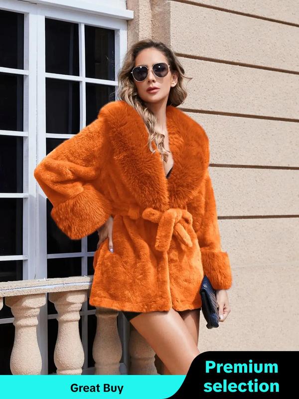 Women's Solid Color Belted Shawl Collar Faux Fur Coat, Casual Long Sleeve Open Front Outerwear for Fall & Winter, Ladies Clothes for Daily Wear