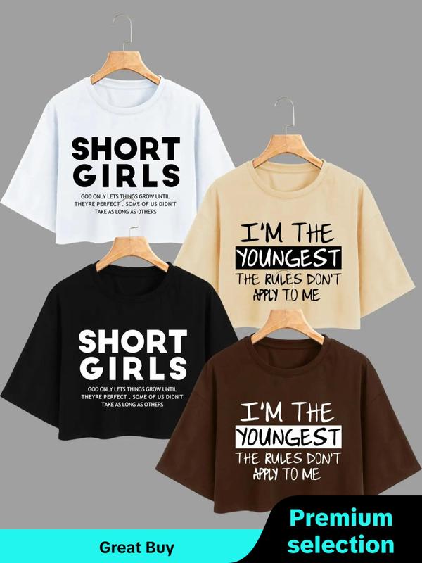 Women's Letter Print Round Neck Crop Tee, Casual Drop Shoulder Short Sleeve T-shirt for Summer,  Vintage Graphic Tees, Ladies Clothes for Daily Wear