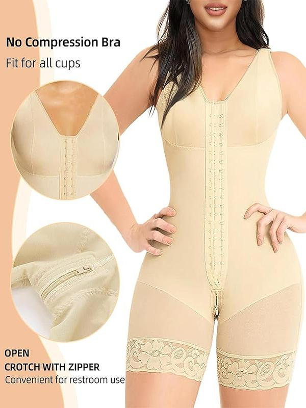 Women's Solid Contrast Lace Zipper Closure Crotch Shapewear Romper, Adjustable Hook & Eye Closure Tummy Control Butt Lifter Tummy Shaper Bodysuit, Ladies Shapewear for All Seasons