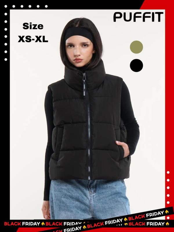 Women's Solid Zip Up Warm Puffer Vest Gilet, Casual Sleeveless High Neck Outerwear for Fall & Winter Daily Wear