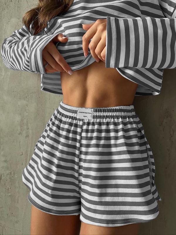 Two-Piece Set Women's Striped Print Drop Shoulder Crop Top & Patched Elastic Waist Shorts Pyjama, Casual Comfy Round Neck Long Sleeve Top & Split Shorts PJ Set, Women's Sleepwear for Spring & Fall