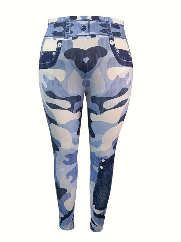 Plus Size Camo Print High Waist Fake Jeans Leggings for Spring, Lady Streetwear Casual Comfy Skinny Pants for Women, Women's Comfort Bottoms for Spring, Womenswear