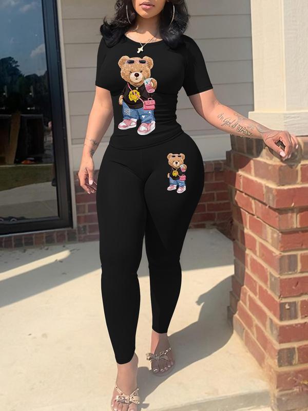 Two-Piece Set Women's Cartoon Bear Print Short Sleeve Tee & Skinny Pants, Fall Outfits, Casual Round Neck T-shirt & Trousers for Fall, Ladies Fall Clothes for Daily Wear