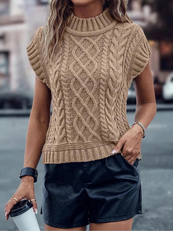 Women's Plain Cable Knit Sweater Vest, Casual Sleeveless Mock Neck Jumper Vest for Daily Wear, Ladies Knitwear for All Seasons