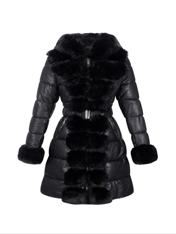  Contrast Faux Fur Trim Belted Hooded Quilted Jacket, Casual Long Sleeve Zip Up Outerwear for Fall & Winter, Winter Clothes Women, Women's Clothes for Daily Wear, Coats for Winter Women 2024