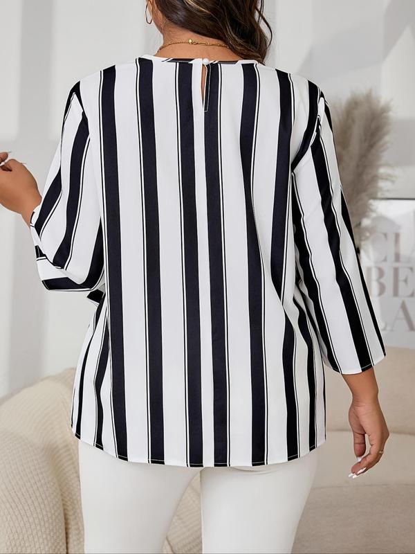  Striped Print Belted Shirt, Casual Long Sleeve Round Neck Top for Fall & Winter, Women's Clothes for Daily Wear