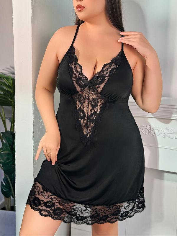 Plus Size Bow Front Contrast Lace Nightdress & Sheer Thong Set, Scallop Trim Sleeveless Nighty Dress & Panty, Women's Plus Sleepwear & Loungewear Set for All Seasons