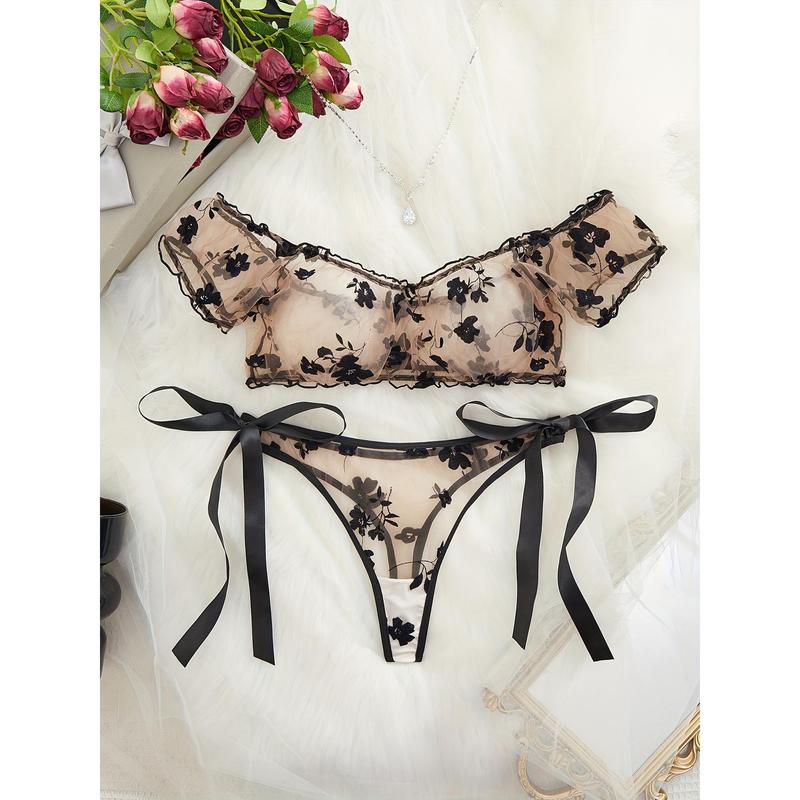 Floral See Through Mesh Lingerie Set, Frilled Off The Shoulder Intimates Top & Tie Side Thong, Women's Sexy Lingerie & Underwear