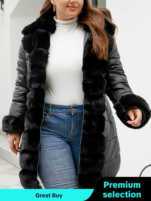  Contrast Faux Fur Trim Belted Hooded Quilted Jacket, Casual Long Sleeve Zip Up Outerwear for Fall & Winter, Winter Clothes Women, Women's Clothes for Daily Wear, Coats for Winter Women 2024