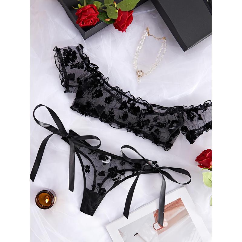 Floral See Through Mesh Lingerie Set, Frilled Off The Shoulder Intimates Top & Tie Side Thong, Women's Sexy Lingerie & Underwear