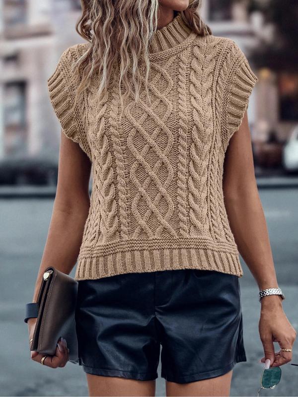 Women's Plain Cable Knit Sweater Vest, Casual Sleeveless Mock Neck Jumper Vest for Daily Wear, Ladies Knitwear for All Seasons