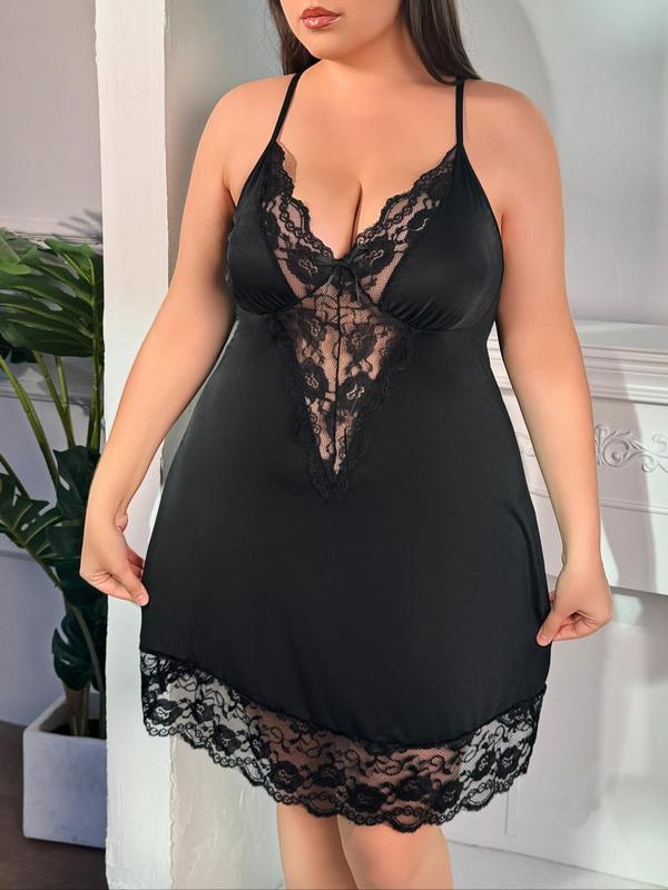 Plus Size Bow Front Contrast Lace Nightdress & Sheer Thong Set, Scallop Trim Sleeveless Nighty Dress & Panty, Women's Plus Sleepwear & Loungewear Set for All Seasons