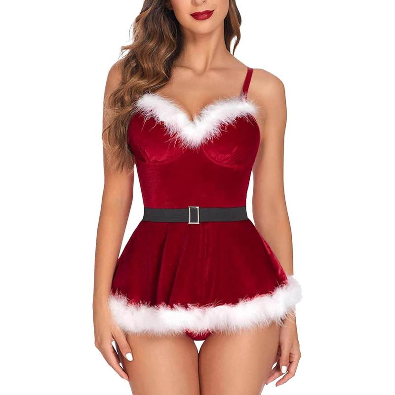 Sexy Christmas Lingerie Set Holiday Outfits Santa Chemise Exotic Nightgowns Mesh See Through Sleepwear Teddy Nightdress