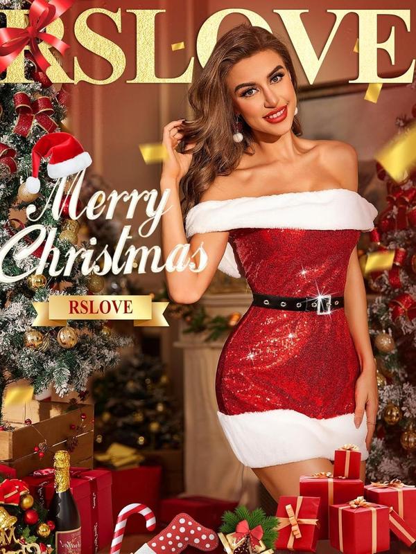 RSLOVE Christmas Lingerie for Women Sexy Santa Lingerie Set Stunning Red Sequin Babydoll Chemise with Belt Womenswear Underwear