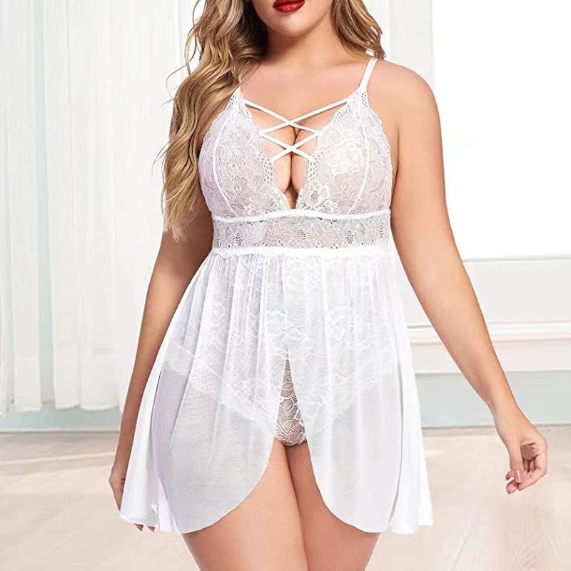 Plus Size Women's Sexy Home One-piece Skirt See-through Underwear Set