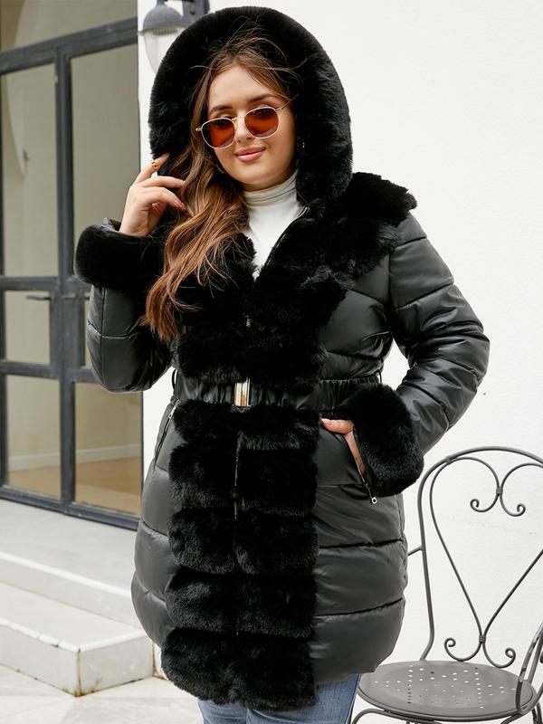  Contrast Faux Fur Trim Belted Hooded Quilted Jacket, Casual Long Sleeve Zip Up Outerwear for Fall & Winter, Winter Clothes Women, Women's Clothes for Daily Wear, Coats for Winter Women 2024