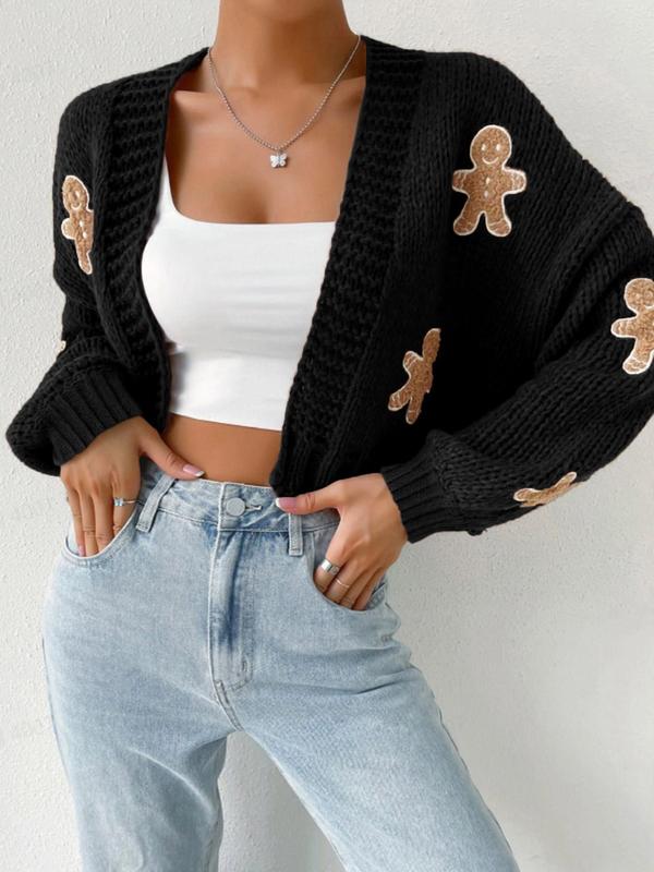 Women's Christmas Themed Gingerbread Embroidery Drop Shoulder Crop Cardigan, Casual Long Sleeve Open Front Knitwear for Fall & Winter, Women's Knit Clothing for Daily Wear