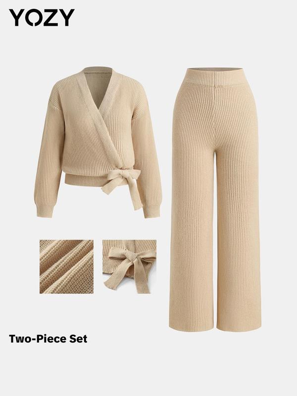 YOZY Women's Solid Drop Shoulder Sweater & Wide Leg Pants Two-piece Set, Casual Fashion Cozy Knitwear Set for Daily Outdoor Wear, Women Knitwear for Fall & Winter