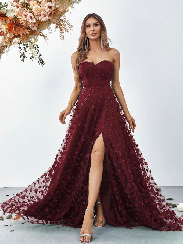 Women's Chic Floral Appliques Sleeveless Split Thigh Vintage Chiffon Dress, Summer Clothes Women Sweetheart Neck Strapless Maxi Party Gown, Lady Formal Comfort Womenswear