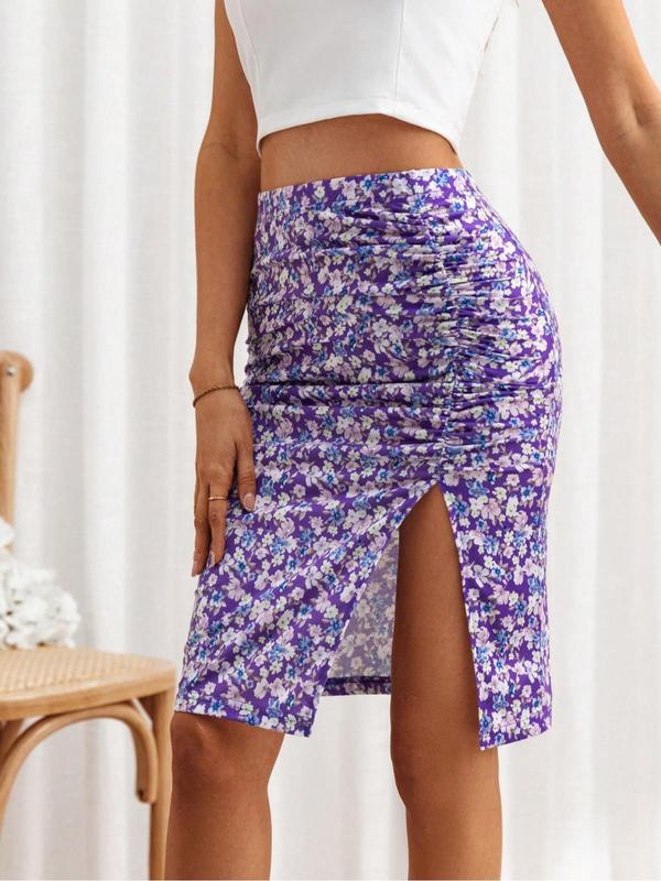 Women's All Over Floral Print Ruched Split Thigh Vintage Bodycon Skirt, Casual Elastic Waist Knee Length Skirt for Summer, Summer Outfits,Women's Bottoms for Holiday Vacation Dating Daily Wear