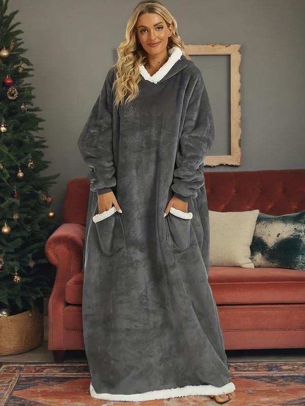 Women's Solid Raglan Sleeve Hooded Lounge Robe, Casual Oversized Loungewear, Long Sleeve Pocket Design Warm Robe for Fall & Winter, Women's Sleepwear for Indoor Wear Womenswear Gowns