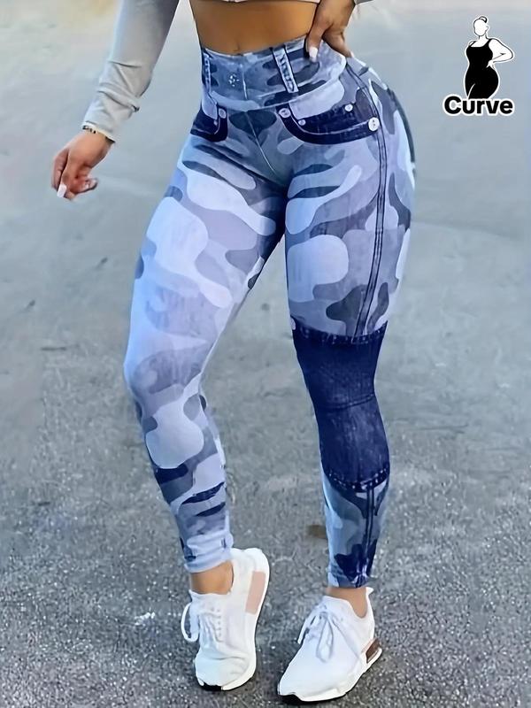 Plus Size Camo Print High Waist Fake Jeans Leggings for Spring, Lady Streetwear Casual Comfy Skinny Pants for Women, Women's Comfort Bottoms for Spring, Womenswear