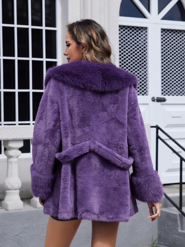 Women's Solid Color Belted Shawl Collar Faux Fur Coat, Casual Long Sleeve Open Front Outerwear for Fall & Winter, Ladies Clothes for Daily Wear