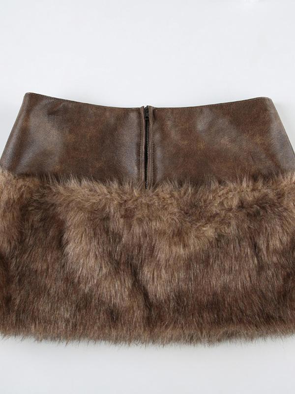 Women's Contrast Faux Fur Trim Zipper Mini Skirt, Y2K Fashionable PU Leather Skirt for Daily Outdoor Wear, Women's Bottoms for Fall & Winter