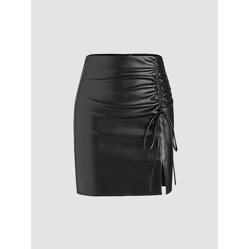 Cider [2 colors, size 0-10] Faux Leather Solid High Waist Ruched Split Mini Skirt