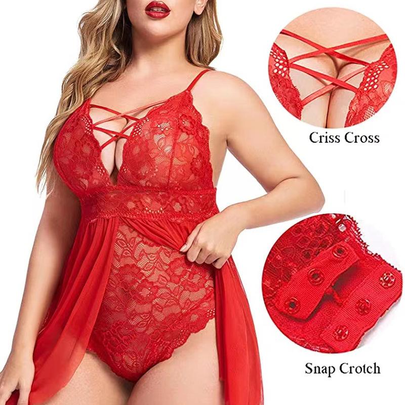 Plus Size Women's Sexy Home One-piece Skirt See-through Underwear Set