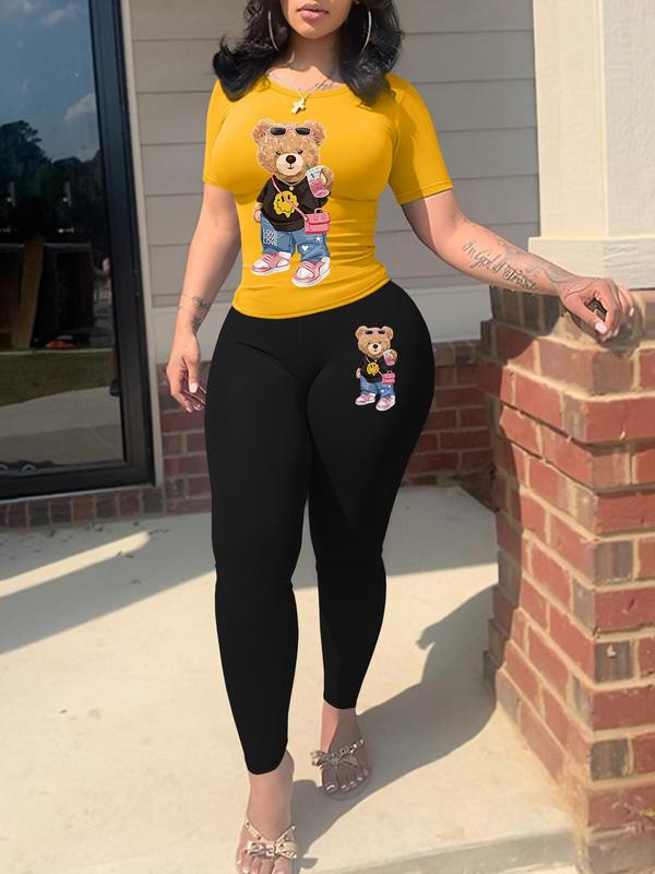 Two-Piece Set Women's Cartoon Bear Print Short Sleeve Tee & Skinny Pants, Fall Outfits, Casual Round Neck T-shirt & Trousers for Fall, Ladies Fall Clothes for Daily Wear