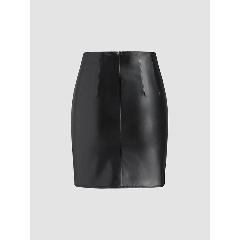 Cider [2 colors, size 0-10] Faux Leather Solid High Waist Ruched Split Mini Skirt