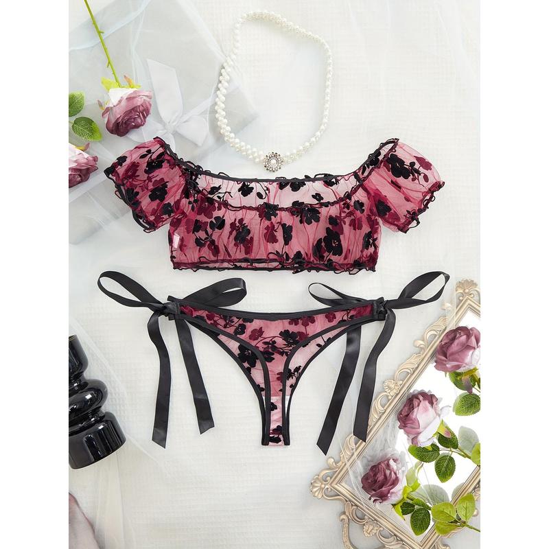 Floral See Through Mesh Lingerie Set, Frilled Off The Shoulder Intimates Top & Tie Side Thong, Women's Sexy Lingerie & Underwear