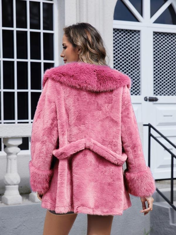 Women's Solid Color Belted Shawl Collar Faux Fur Coat, Casual Long Sleeve Open Front Outerwear for Fall & Winter, Ladies Clothes for Daily Wear