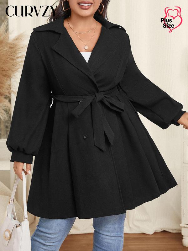 CURVZY Plus Size Solid Color Double Button Belted Pleated Pea Coat, Elegant Bishop Sleeve Long Sleeve Lapel Outerwear for Fall & Winter, Women's Clothes for Daily Wear