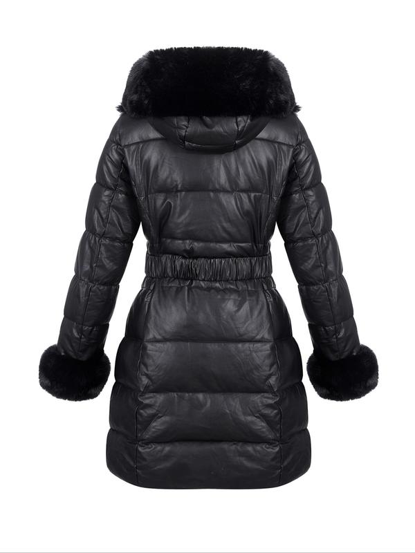  Contrast Faux Fur Trim Belted Hooded Quilted Jacket, Casual Long Sleeve Zip Up Outerwear for Fall & Winter, Winter Clothes Women, Women's Clothes for Daily Wear, Coats for Winter Women 2024