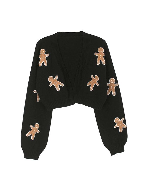 Women's Christmas Themed Gingerbread Embroidery Drop Shoulder Crop Cardigan, Casual Long Sleeve Open Front Knitwear for Fall & Winter, Women's Knit Clothing for Daily Wear