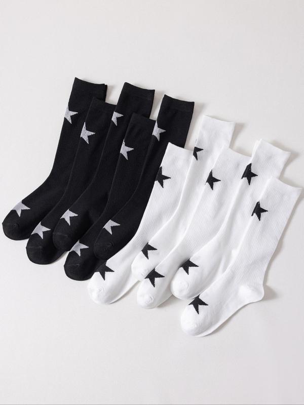 Women's 10 Pairs Star Print Crew Socks, Preppy Style Soft Comfortable Breathable Socks for Daily Wear, Multipack Knit Socks for All Seasons