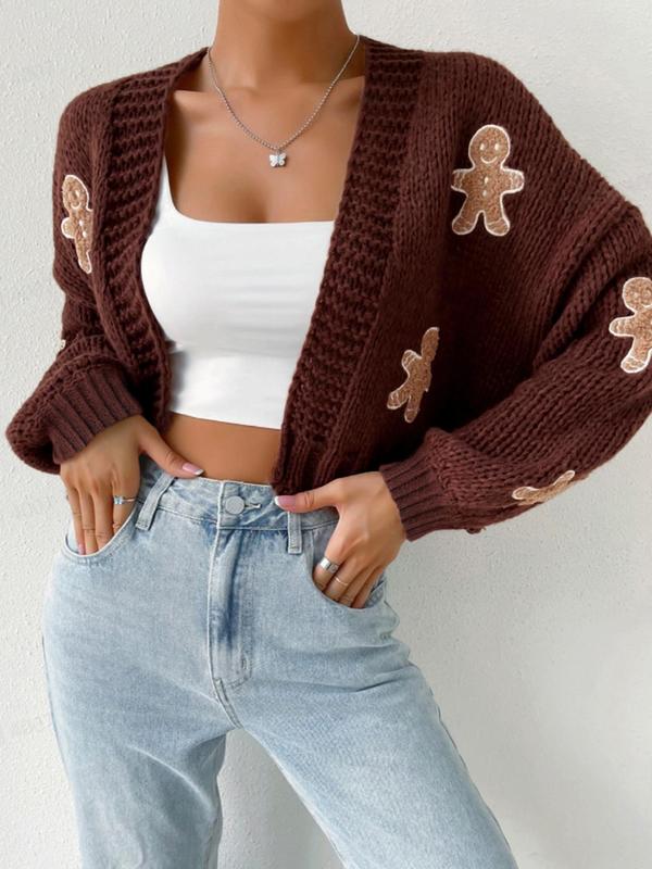 Women's Christmas Themed Gingerbread Embroidery Drop Shoulder Crop Cardigan, Casual Long Sleeve Open Front Knitwear for Fall & Winter, Women's Knit Clothing for Daily Wear