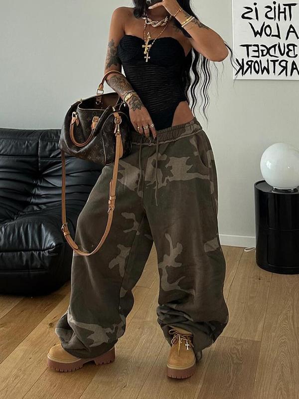 Women's Camo Print Drawstring Waist Jogger Pants, Casual Pocket Trousers for Daily Wear, Ladies Bottoms for All Seasons