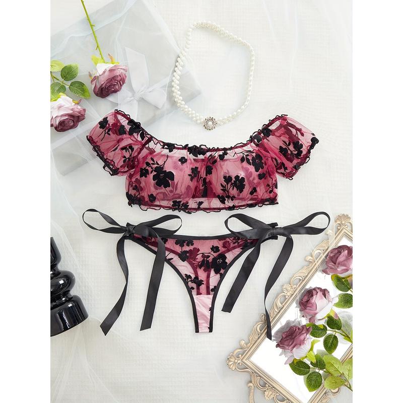 Floral See Through Mesh Lingerie Set, Frilled Off The Shoulder Intimates Top & Tie Side Thong, Women's Sexy Lingerie & Underwear