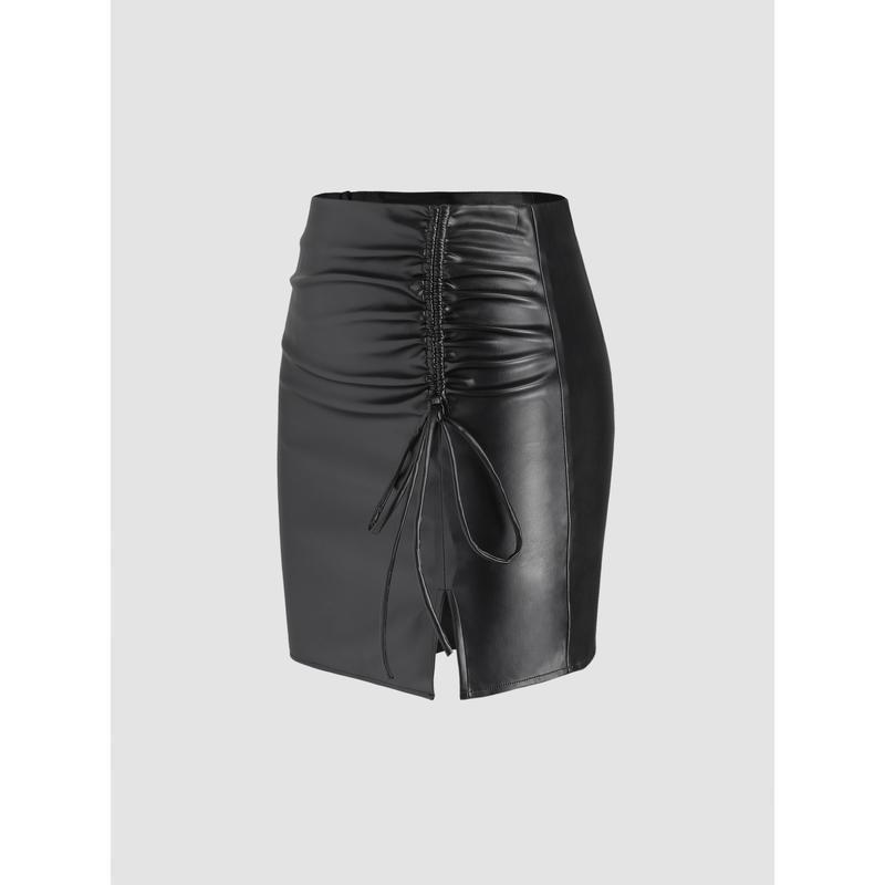 Cider [2 colors, size 0-10] Faux Leather Solid High Waist Ruched Split Mini Skirt