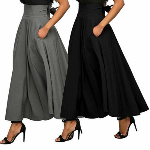 Women' s High Waist Skirt A Line Pleated Skirt Belted Ankle Length Skirt with Pockets