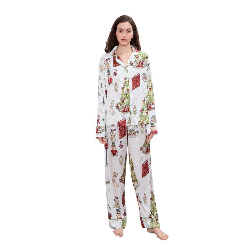 Women's two-piece pajama set long-sleeved lapel Christmas pattern print button-down shirt with free pants Loungewear Nightwear