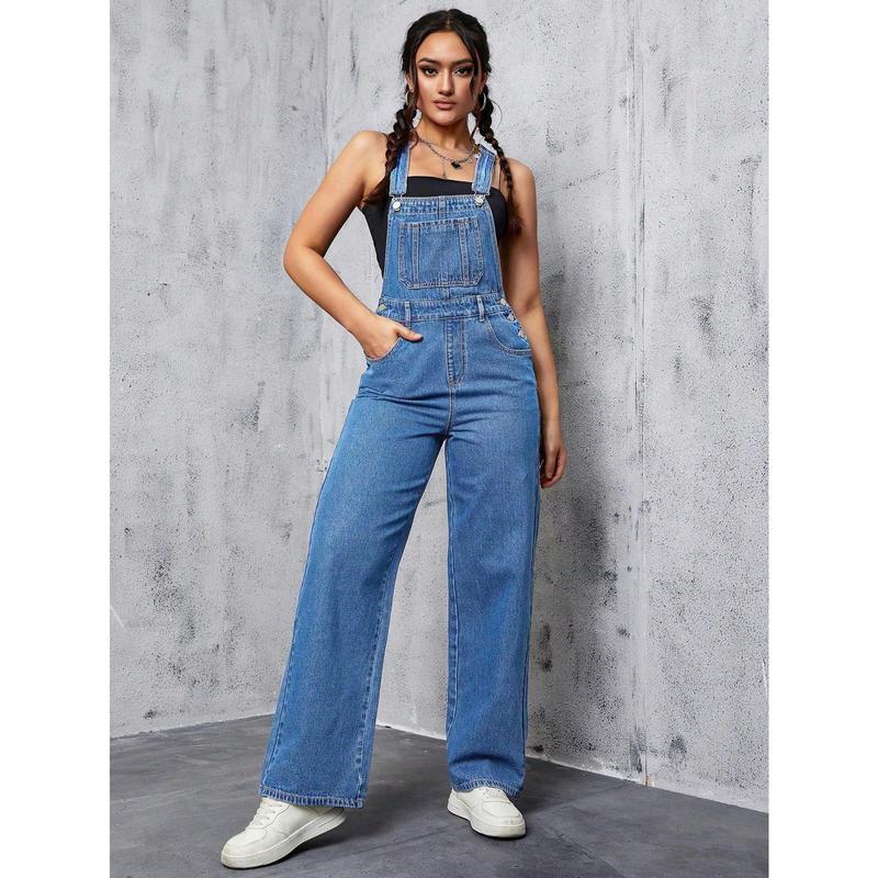 Solid Color Sleeveless Denim Jumpsuit With Pockets sleeveless  denim overall jumpsuit Fit Womenswear