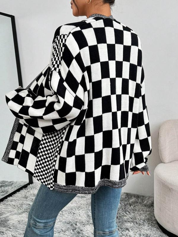 Women's Checkerboard Print Drop Shoulder Cardigan, Casual Long Sleeve Open Front Knitwear for Fall & Winter, Fashion Women's Knit Clothing for Daily Wear